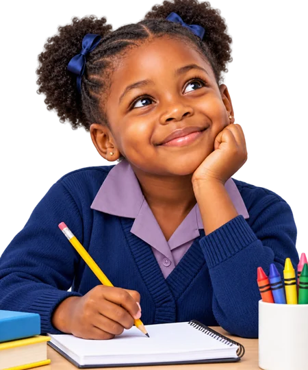 Une jeune écolière souriante qui écrit dans son cahier